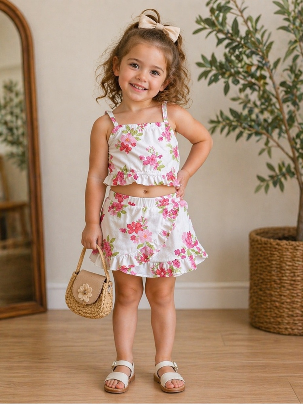 The Children's Place White Floral Two-Piece Tank & Skort Set - Pink & Green
